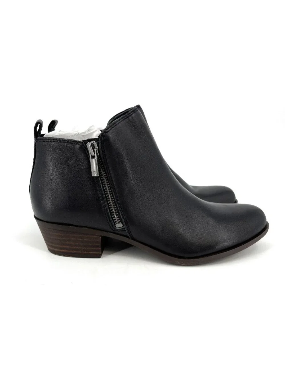 Lucky Brand Basel Bootie Black Leather Size 8.5M Ankle Boots Dual Zip Block Heel